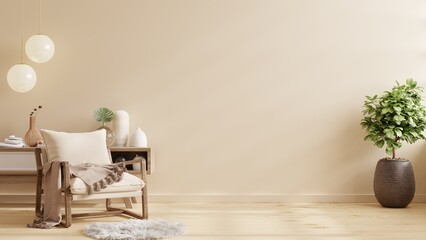 Cream color wall mock up in warm tones with armchair and decoration minimal. © Vanitjan