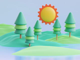 Landscape, sunny day with hills, mountains, trees, 3d render