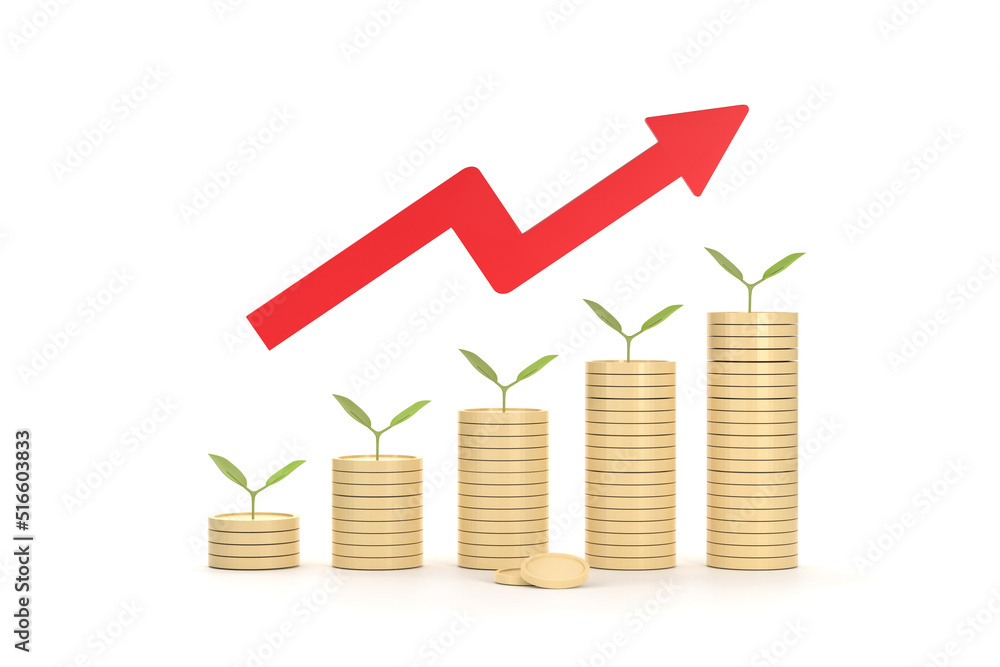 Poster cartoon tree on pile of coins are lined up from small to large size shown in the form of a graph.