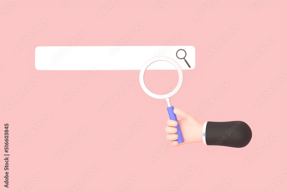 Poster concept of internet research. browser search engine window with magnifying glass.