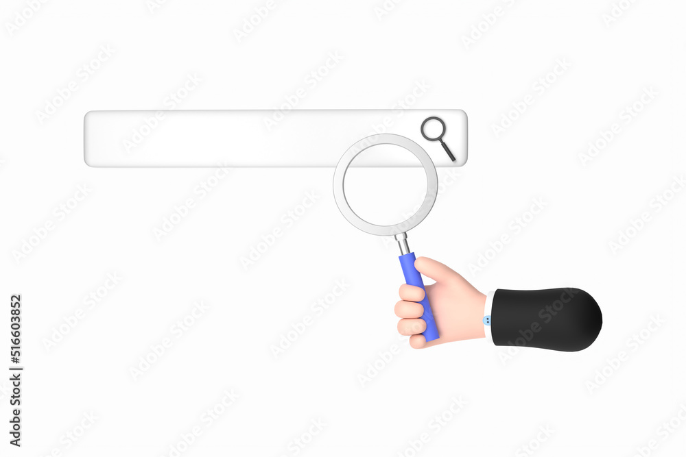 Poster concept of internet research. browser search engine window with magnifying glass.