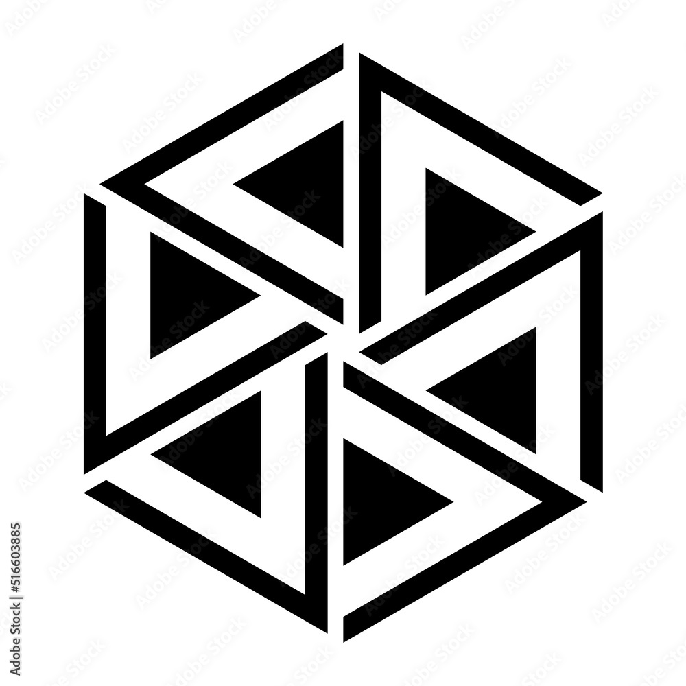 Poster symbol made of triangles, moving counterclockwise. six pyramid like elements forming a hexagon, that