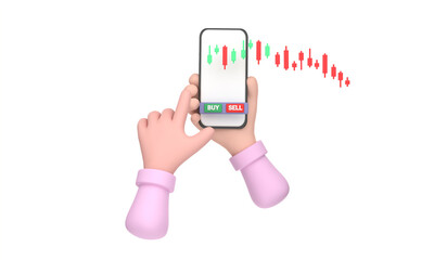 Stock market business scene. Pushing green buy button on smartphone. Money and world economy concept.