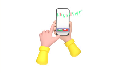 Stock market business scene. Pushing green buy button on smartphone. Money and world economy concept.