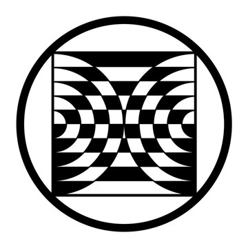 Two world split. The divided world, symbol in a crop circle pattern, found near Micheldever, Hampshire. Circle halves in a square, with checkerboard pattern bordered by a circle. Squaring the circle.