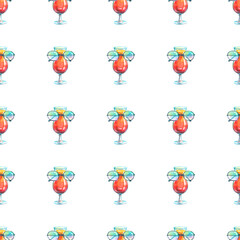 Naklejka premium A bright beach cocktail in sunglasses. Watercolor illustration. Simple seamless pattern on a white background. For beach fabrics, clothing, accessories, menus, paper, packaging, wallpaper, textiles.