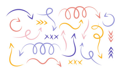 Set of colorful arrows vector background. Different wavy arrow icons set.