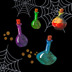 Magic Halloween set with potion bottles and spider web. Hand drawn style watercolour. Isolated on black.