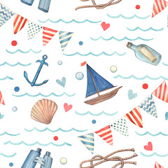 Sea marine adventure seamless watercolor pattern with anchor waves boat binoculars hell flags dots and hearts
