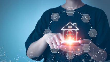 Smart Home Concept People are using their hands to touch their  smart phones to control their home appliances through a wireless internet network.