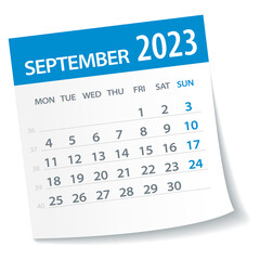 September 2023 Calendar Leaf. Week Starts on Monday. Vector Illustration - obrazy, fototapety, plakaty
