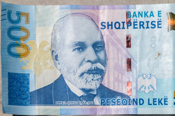 Portrait of first Prime Minister of Albania on Albanian 500 leke banknote.