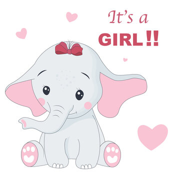 It's a girl greeting card with baby elephant. Cartoon vector illustration