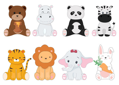 Cartoon baby animals set. Isolated bear, bunny, hippo,panda, zebra, lion, tiger, elephant
