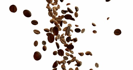 Coffee Beans Over White Background falling down