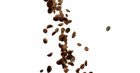 Coffee Beans Over White Background falling down