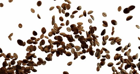 Coffee Beans explosion flying in the air, coffee splash Over White Background