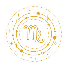 Golden Virgo sign stylized with planets and stars in orbits on a white background