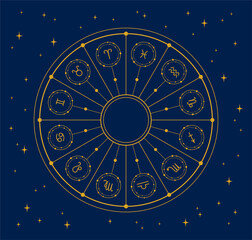 Golden zodiac circle with zodiac signs on a dark blue starry background. Vector illustartion