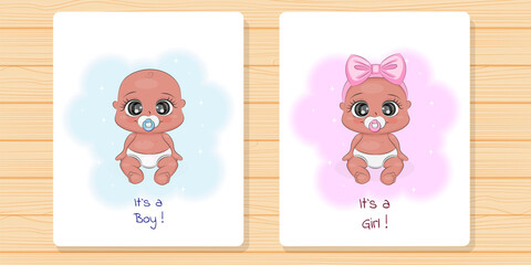 Fototapeta na wymiar Baby shower card set, invitation card, boy and girl, poster, vector illustration