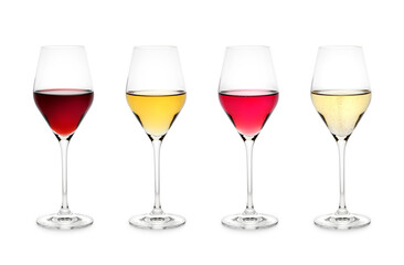 Glasses with various types of wine on a white background.