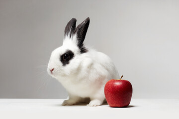 white rabbit with apple. Funny fluffy rabbit