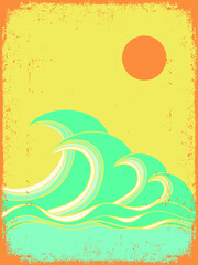 Fototapeta na wymiar Ocean big waves vintage poster with sunshine on old paper backgroound. Sea minimalist modern line art landscape illustration background