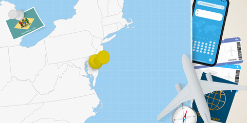 Travel to Delaware concept, map with pin on map of Delaware. Vacation preparation map, flag, passport and tickets. - obrazy, fototapety, plakaty