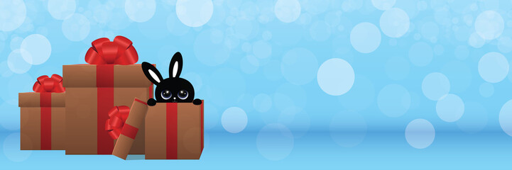 Cartoon black bunny symbol of 2023 in a gift box with a bow on a blue background with bokeh. Template for greeting card banner with place for text.