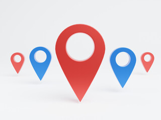 3D Red and blue pointer pins isolated on white background. Check in location on map icon, 3D rendering.