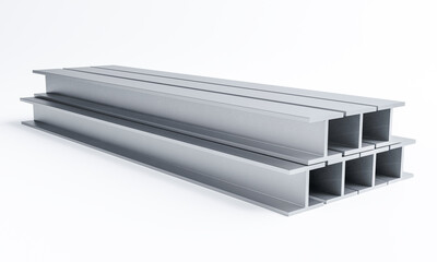 3D Steel beam pipes isolated on white background. Stainless equipment used in construction, iron, metal, Girder, Metal products, construction, Aluminum 3D Rendering. © Teerapat