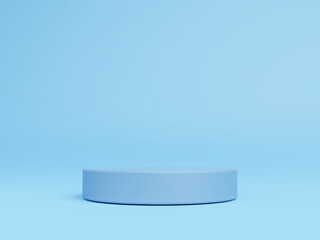 3D Cylinder blue color pedestal podium on background. Empty showcase for cosmetic product. mockup Stage for the awards ceremony, exhibition plinth stand, 3D rendering.	