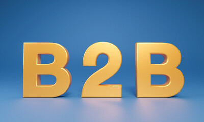 3D Golden B2B - business to business isolated on blue background. marketing strategy concepts, gold 3D rendering.