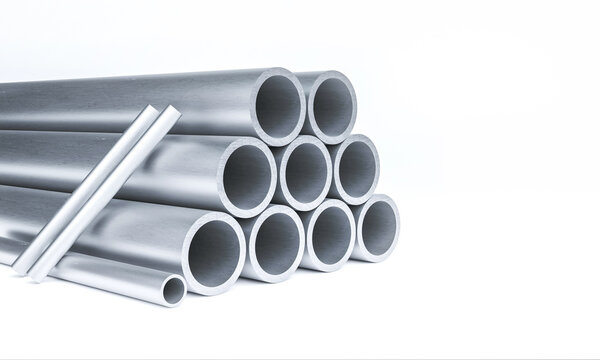 3D Steel or Aluminum pipes isolated on white background. Stainless equipment used in construction, iron, metal, 3D Rendering.
