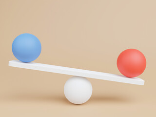 3D see saw balance isolated on brown background. The seesaw has a pivot point in the middle of the board. Business finance concept. Stability, equal, Scale, justice, compare, copy space, 3D Rendering.