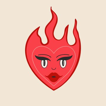 Vector illustration of a burning heart with a face. Flat design, cartoon.