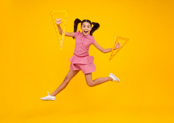 Amazed teenager. Schoolgirl in school uniform hold mathematics measure. Metric measurement. School equipment. Crazy jump, jumping kids.