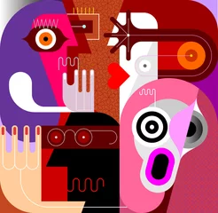 Poster Vier volwassenen vectorillustratie. Moderne kunst vectorillustratie van vier volwassenen. Een groep mensen ontmoeten en bespreken hun leven. ©  danjazzia