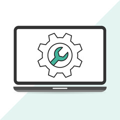 Laptop repair and settings icon isolated on white background.Gear Cogwheel Icon Vector Flat Design, fix, service, setup, Infographics.