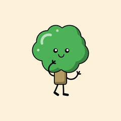 Tree with cute face in kawaii style. Vector funny cartoon flat environmental character icon. Vector doodles on ecology, nature protection, saving the planet.