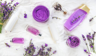 Spa cosmetics with lavender extract. Selective focus.