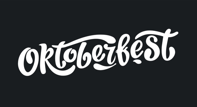 Oktoberfest handwritten lettering vector design, white letters on the black background. Design template event celebration.  Title for greeting cards and posters. Bavarian beer Festival banner. 