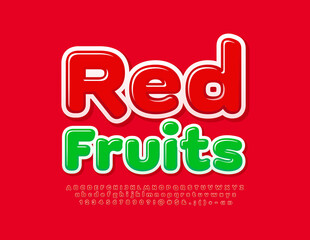 Vector colorful Banner Red Fruits. Gloggy creative Font. Bright Alphabet Letters and Numbers