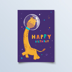 Naklejka premium Cartoon cute animals for baby card and invitation astronaut giraffe in space cosmos