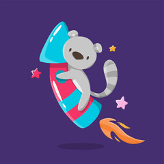 Cartoon cute animals for baby card lemur on a rocket in space cosmos