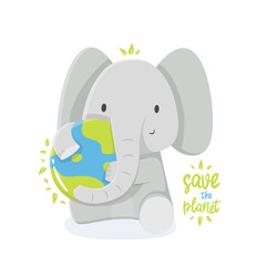 Cartoon illustration of an elephant with earth in support of ecology. save the planet