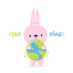 Cartoon illustration of an rabbit with earth in support of ecology. save the planet