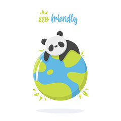 Cartoon illustration of an panda with earth in support of ecology. save the planet