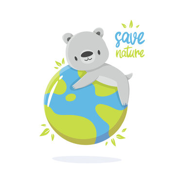 Cartoon illustration of an koala with earth in support of ecology. save the planet