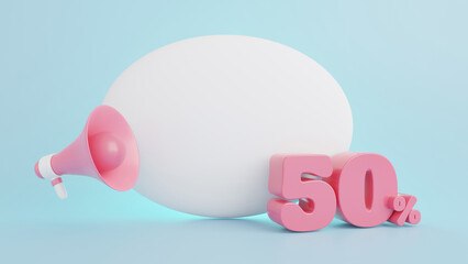 50% Discount promotion and blank bubble, Megaphone icon for marketing banner with copy space on pastel blue background, 3D rendering illustration concept